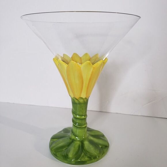 222 Fifth Yellow Sunflower Tall Margarita Glass Large Tropical Coastal - Picture 1 of 7